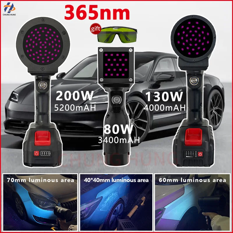 80W-200W High Power UV Automotive Paint Tester 365nm Rechargeable Portable UV Lamp Black Light Flashlight UV Light