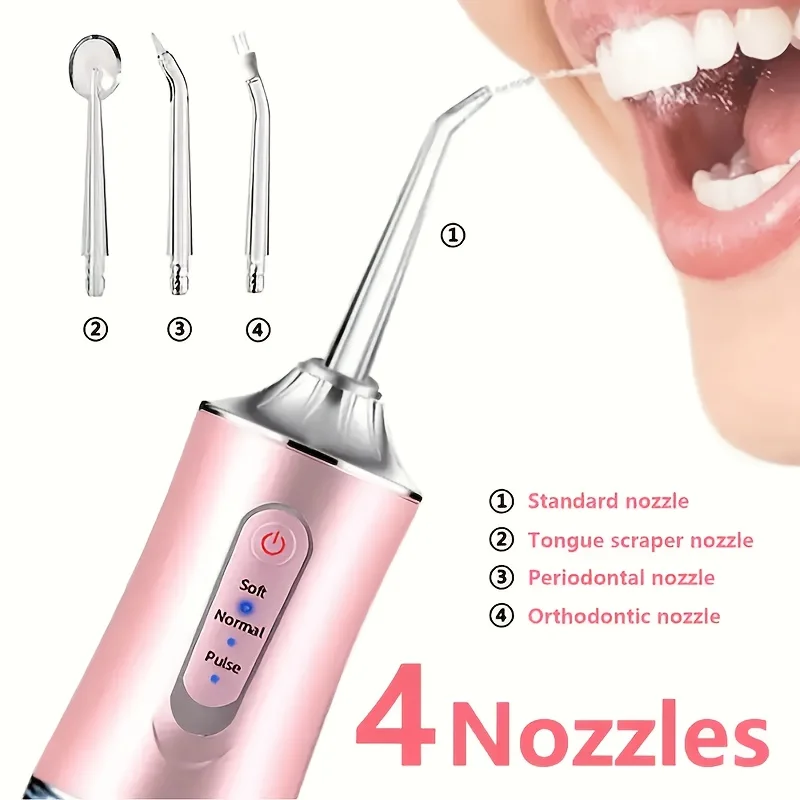 Cordless Water Flosser 3 Modes Portable Oral Irrigator with 4 Nozzles Rechargeable Teeth Cleaner for Braces Gums Home Travel Use