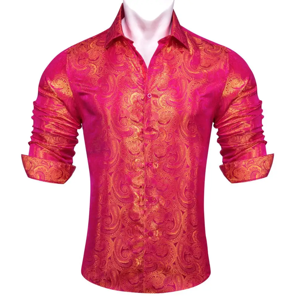 Luxury Shirts for Men Silk Embroidered Rose Red Gold Paisley Long Sleeve Slim Fit Male Blouses Turn Down Collar Tops Barry Wang