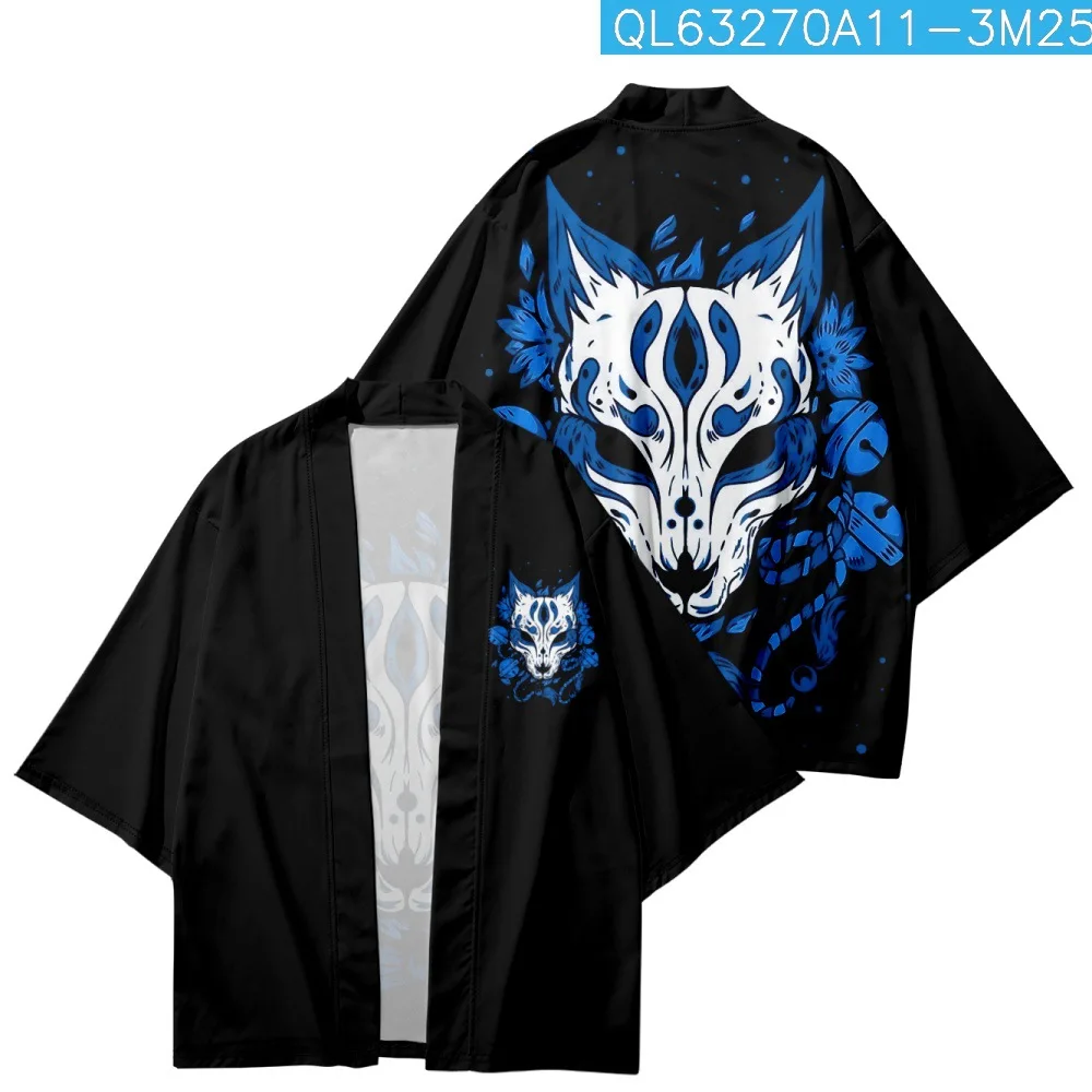 Haori Black Fox Print Kimono Women Heren Japanse Anime Asian Streetwear Cardigan Yukata Cosplay Samurai Shirt Kleding