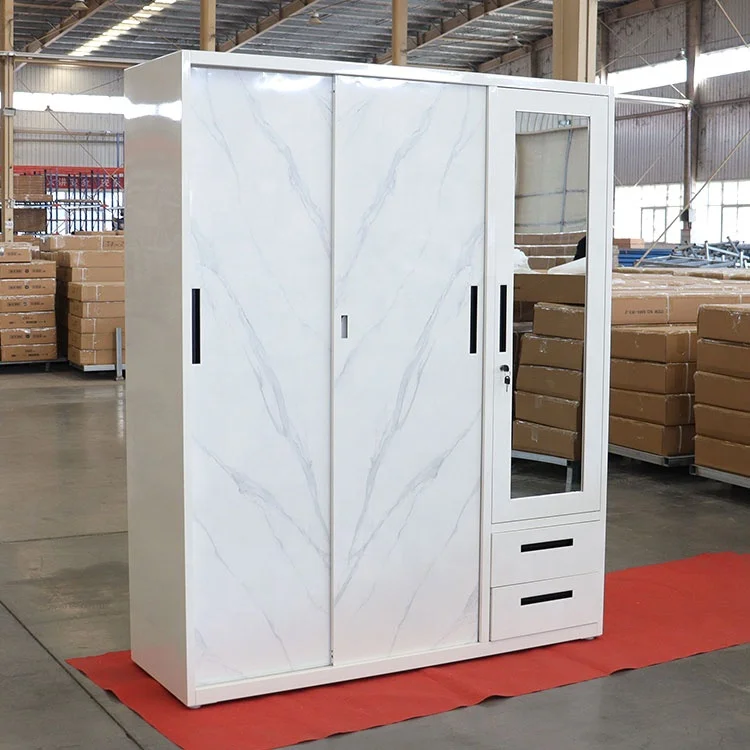 الأثاث الأبيض غرفة نوم 3 أبواب الأثاث الطباعة مرآة منزلقة حجم الباب تصميم ملابس بسيطة ألميرا 3 أبواب خزانة الصلب #1