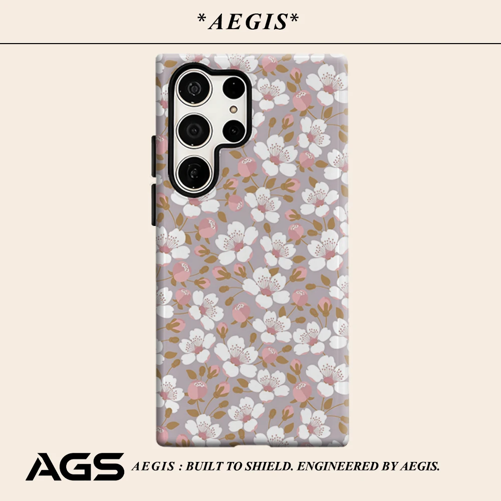 Grau-Rosa Kirschblüten Handyhülle für Samsung Galaxy S25 Ultra S24 S23 Ultra Plus Glänzende Doppelschicht-Rückabdeckung