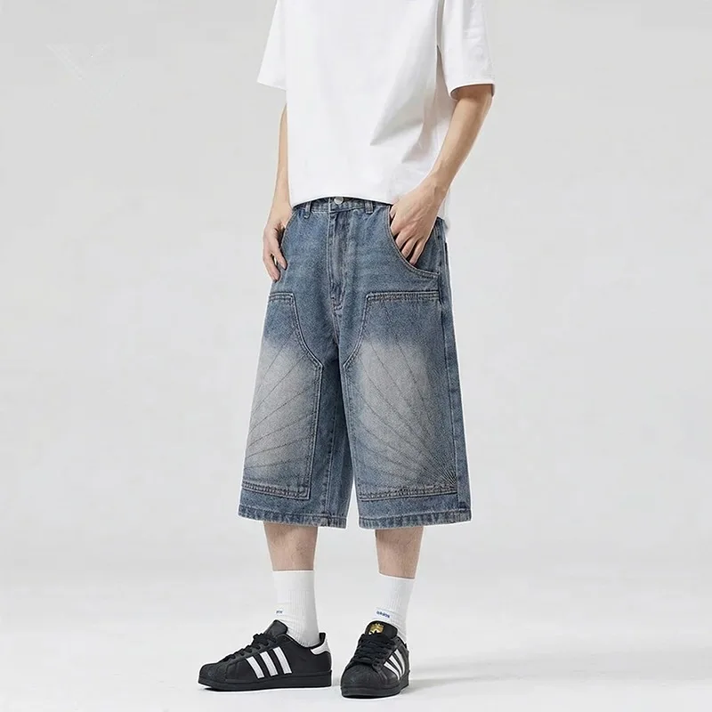 Opening Sale |Men's Radial Stitch Denim Shorts Vintage Washed Baggy 7-Point Wide Leg Streetwear Jean Shorts for Men