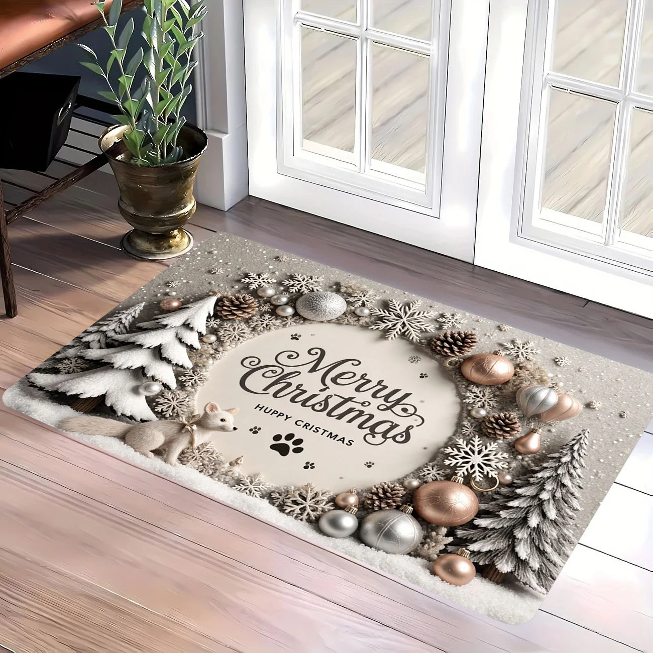 Neutral Merry Christmas Fox Ornament Door Mat Snow Tree Print Non-Slip Indoor Entrance Decor Rug