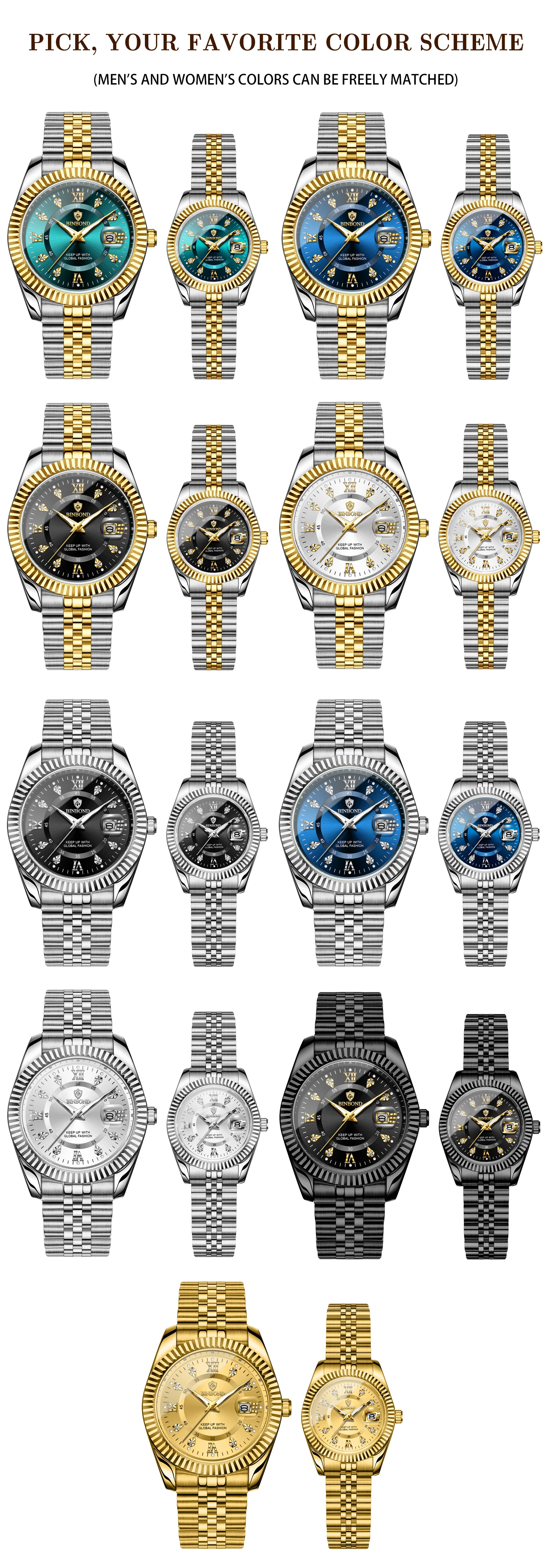 BINBOND Original Couple's Quartz Watches Luminous Waterproof Gift For Lover Men's Women's Watch Mujer Relojios +Gift Box