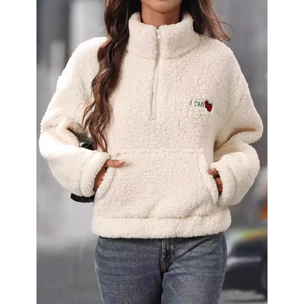 Mia Muse Women's Sweatshirts Winter Casual Korean Letter Printing Pocket Zipper Long Sleeve Stand Collar Fashion Sweatshirts