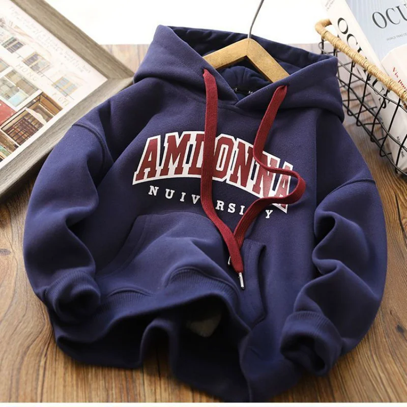 Warm Thicken Sweatshirt Kids Autumn And Winter Tops Boys Hoodies Tracksuit 2023 New Children Prints Letter Casual Clothing