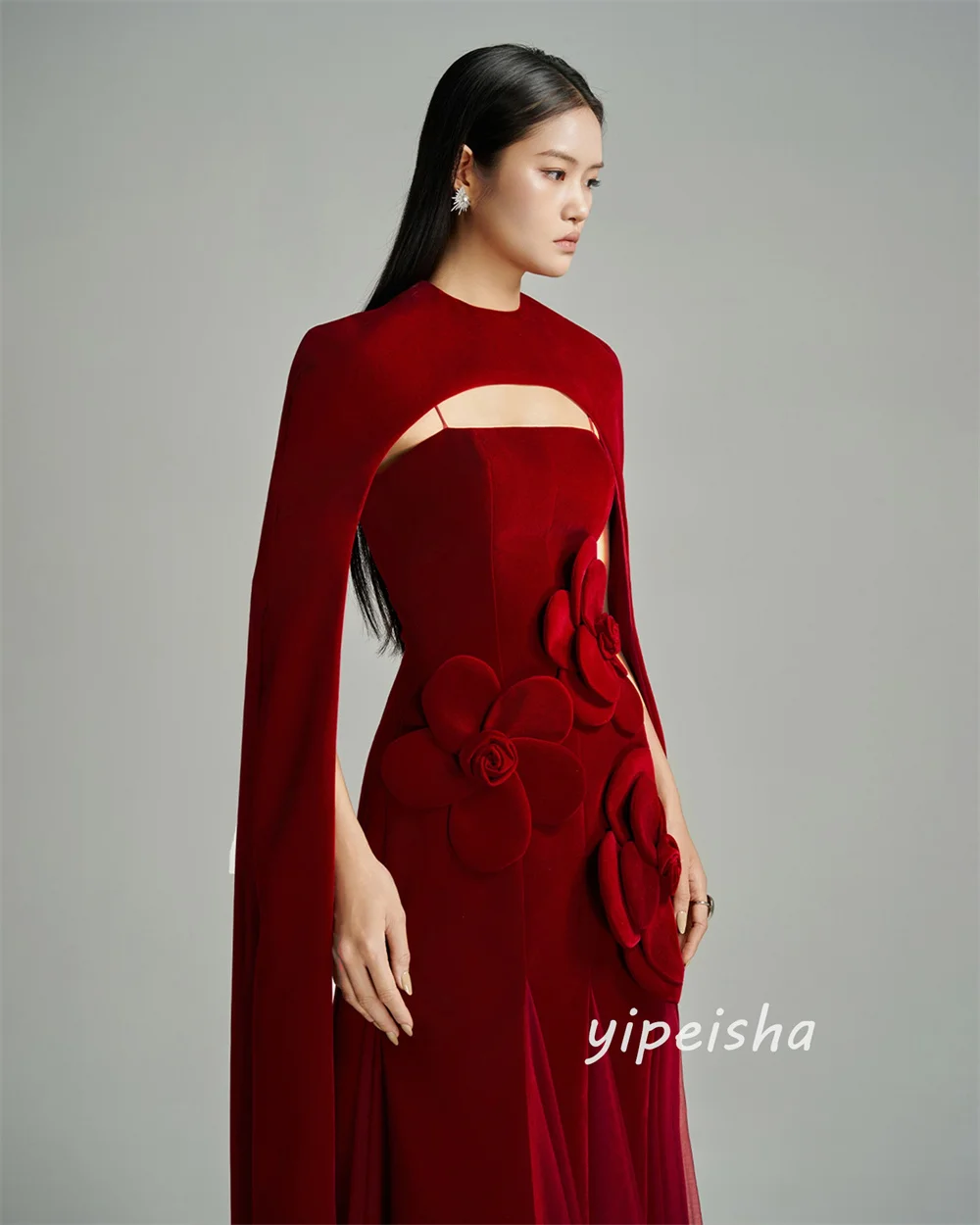 Customized Exquisite Classic Velour Pleat Handmade Flower Pleat A-line High Collar Long Dresses Evening Dresses Casual Fashion image 2
