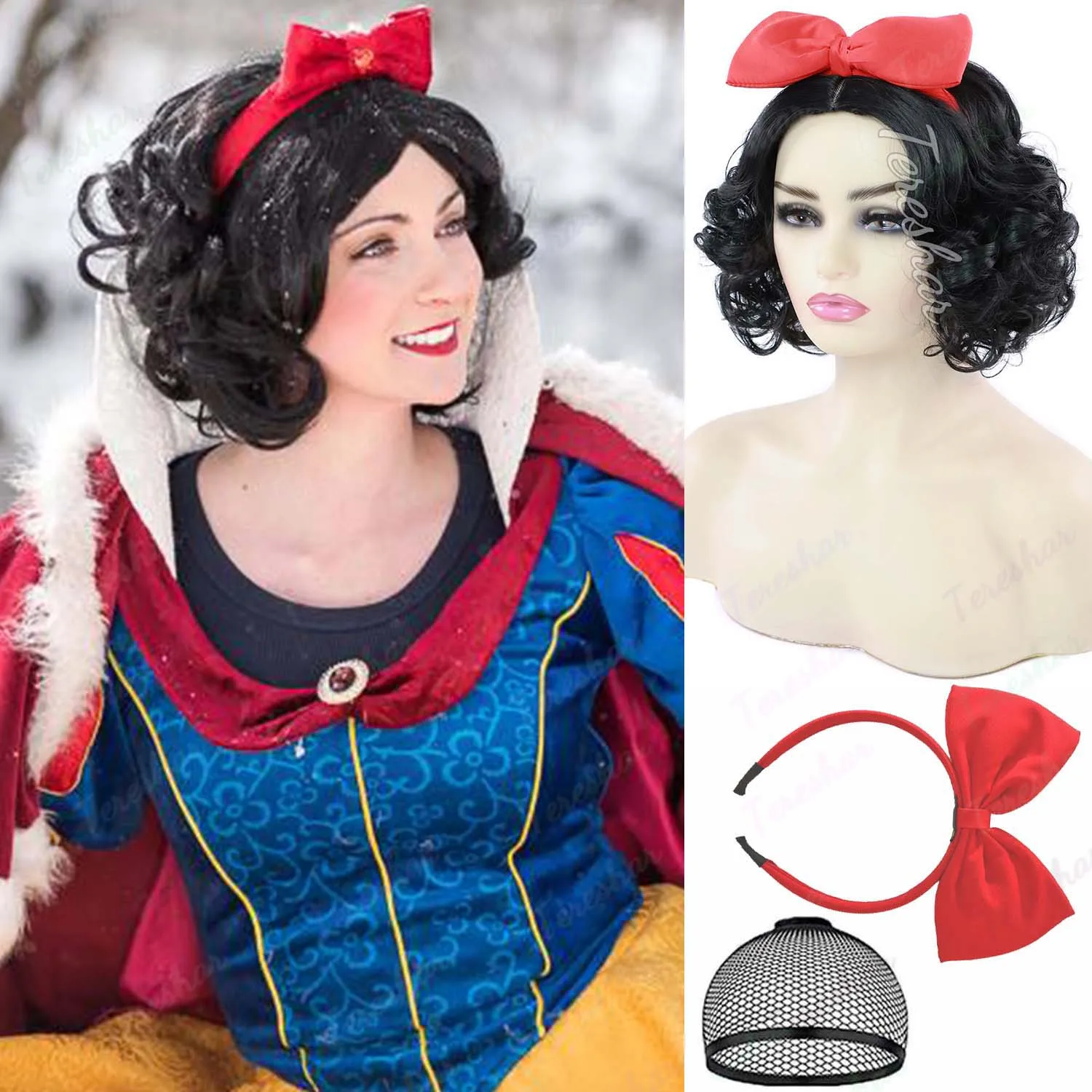 Synthetic Short Curly Black Bob Wig for Women Snow White Princess Anime Cosplay Wig with Red Bow Headband for Party Halloween
