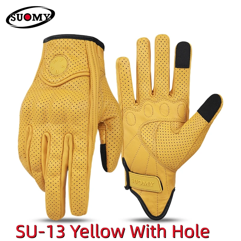 Leather Motorcycle Gloves Full Finger Breathable Touchscreen Retro Perforated Motocross Riding Gear Men Women Yellow