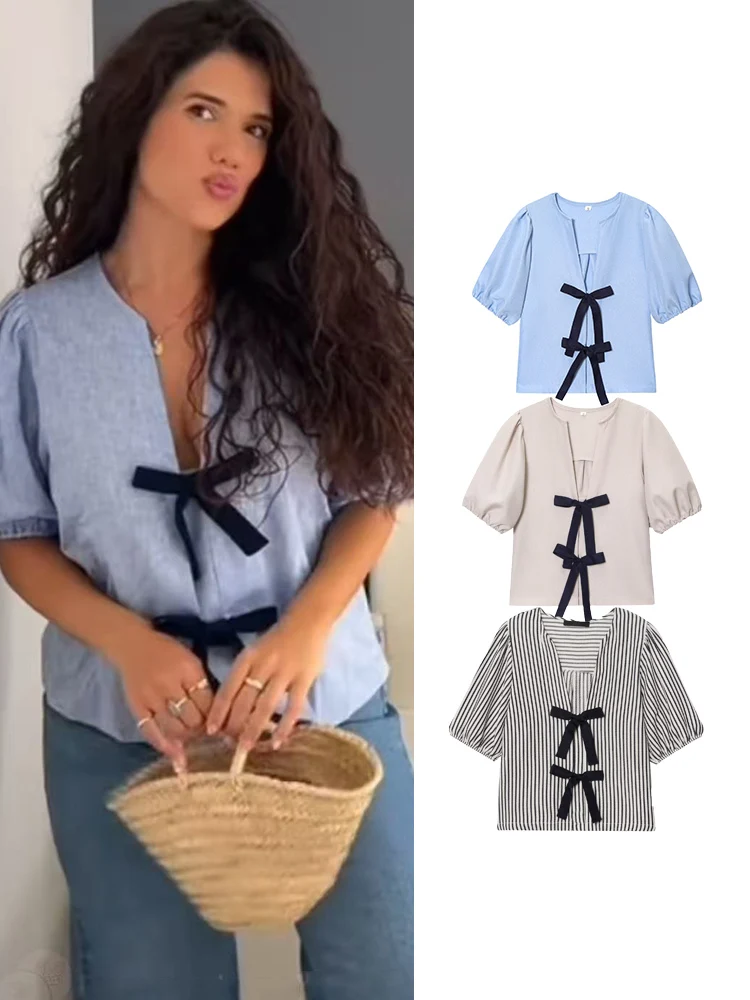 

TFMLN 2025 Woman Fashion Vintage Short Puff Sleeve Shirt Casual Loose Cropped Tops Women Elegant Chic Bow Short Sleeve Blouses
