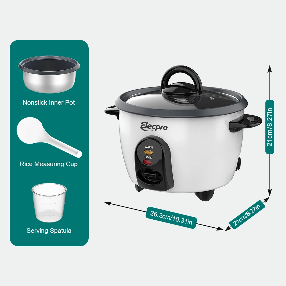 Elecpro Mini Rice Cooker 3 Cup Rice With Steamer, Portable Small Food Steamer, Removable Food Grade Non-Stick Inner pot