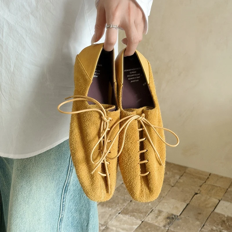 

Women Loafers Cow Suede Mules Spring Summer Casual Shoes Lace Up Woman Chic Flats Square Toe Beige Yellow Footwear Size 33-42