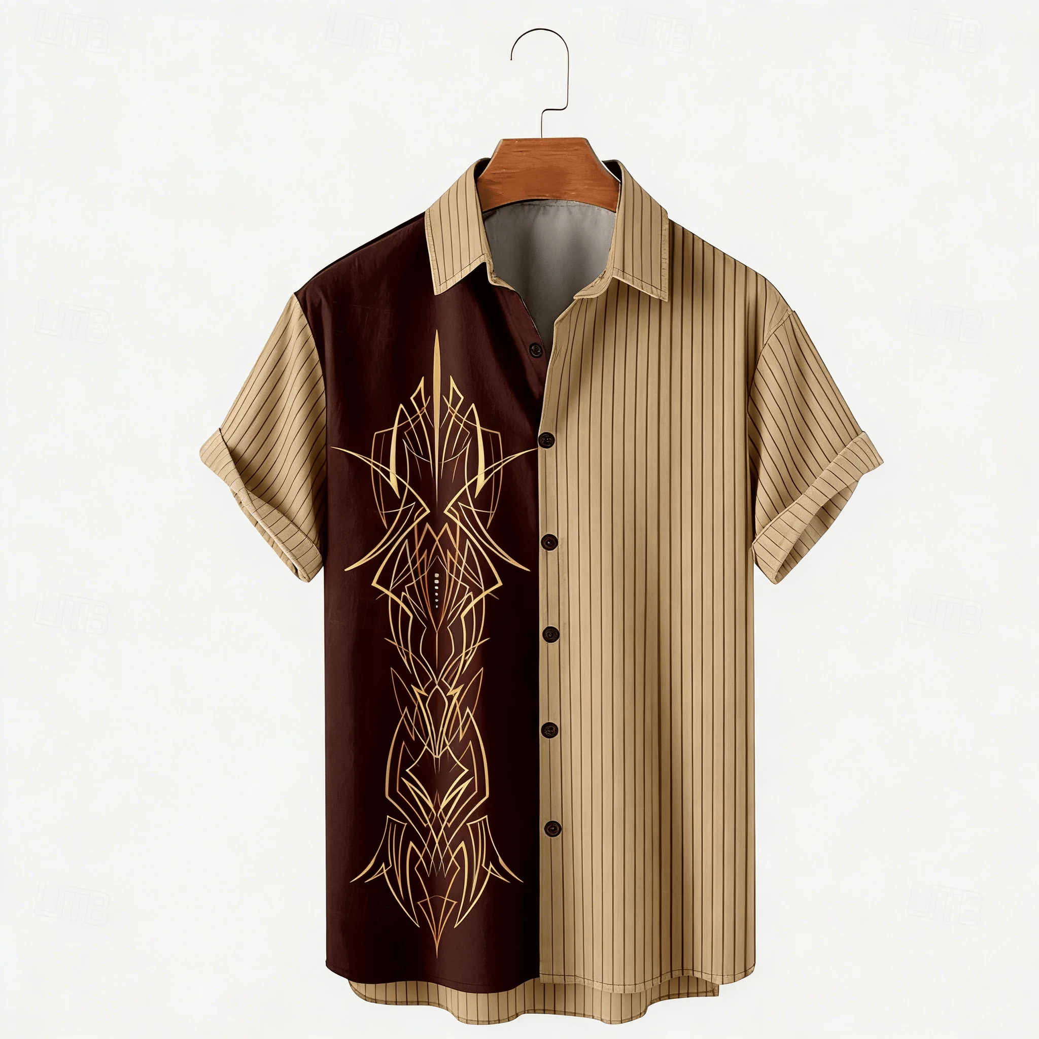 Retro Contrasting Vertical Stripe Gold Totem Short Sleeved Hawaiian Shirt with Line Design for Men's Loose Summer Daily Shirt