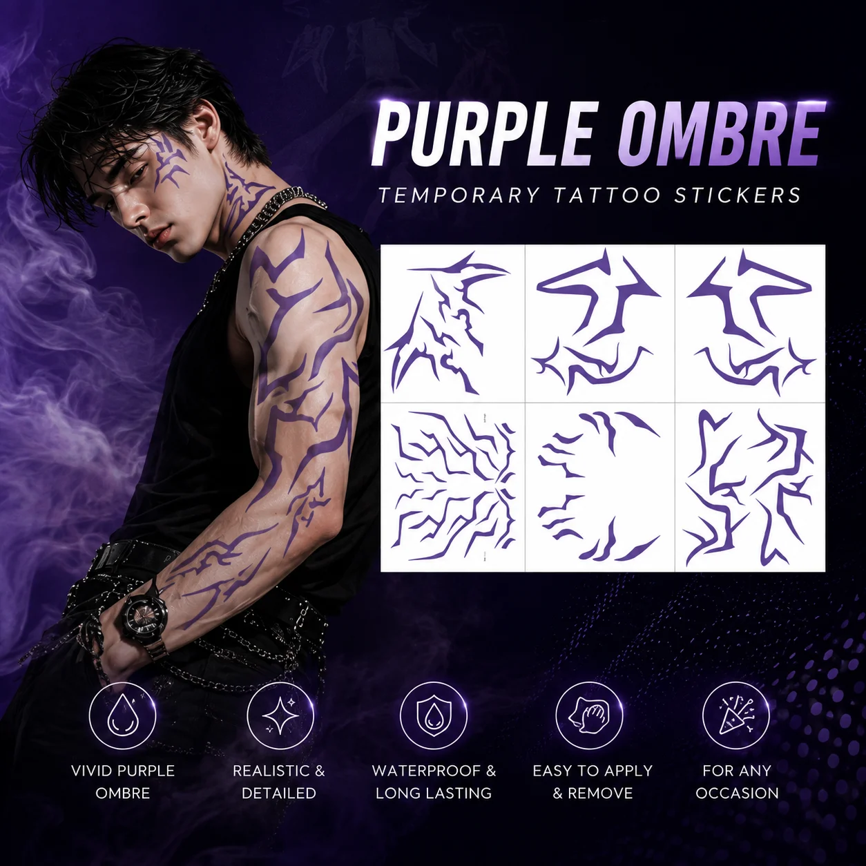 Temporary Tattoo Stickers, Purple Ombre Demon Movie Hunters Patterns, Realistic Waterproof DIY Body Art For Cosplay