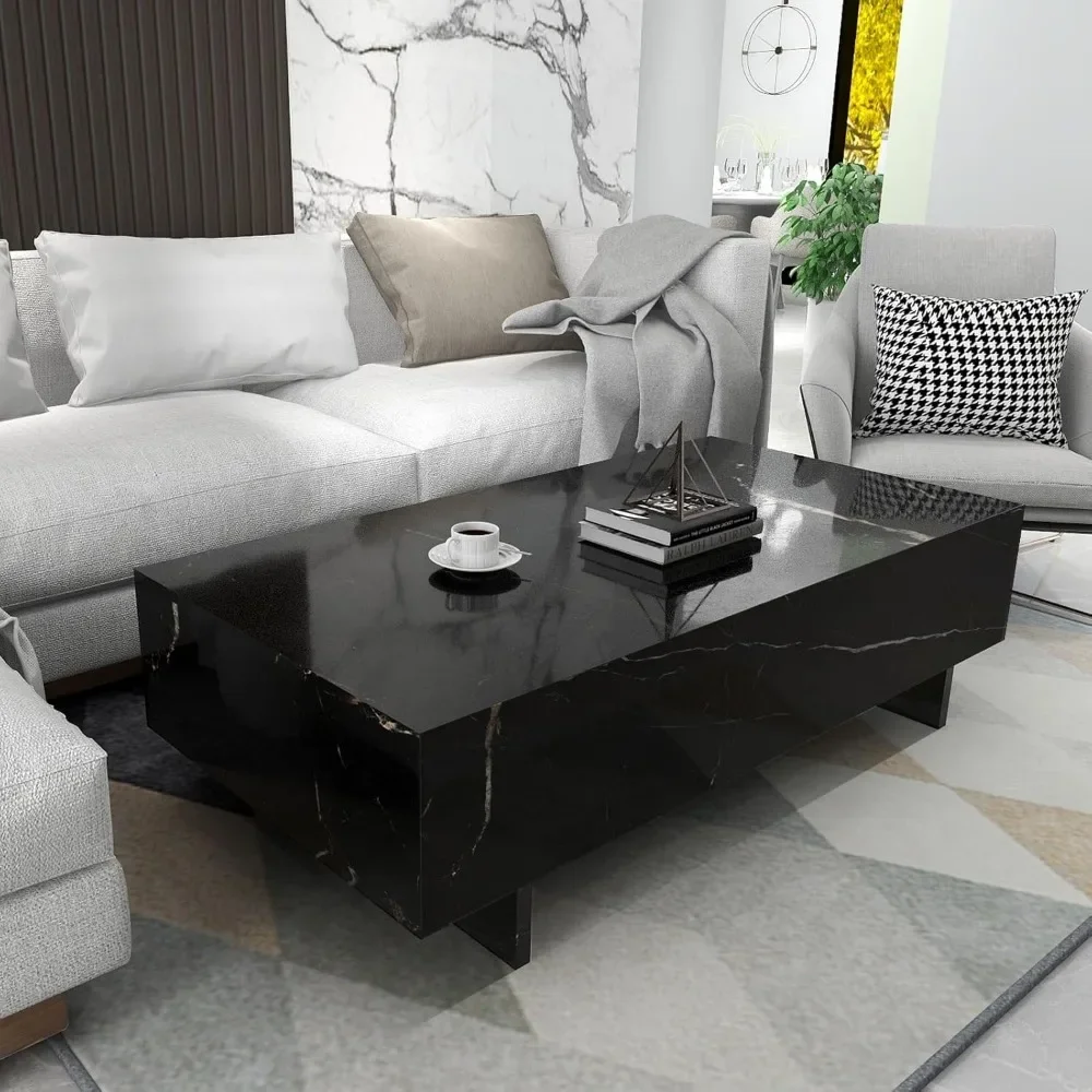 

Marble Rectangle Coffee Table Black Modern Side Table Contemporary High Gloss Elegant Center Table For Living Room Waiting Decor