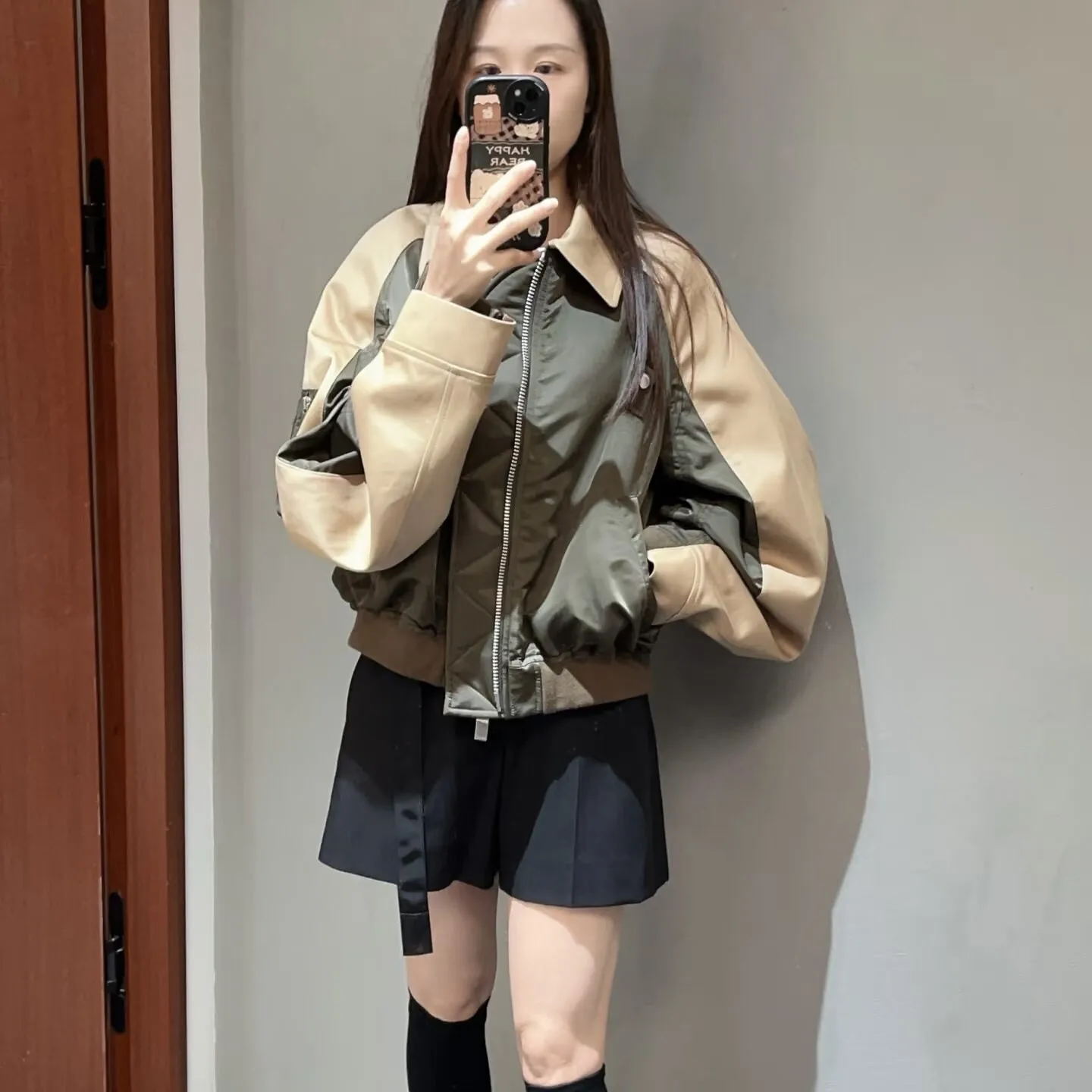 SAC splicing style short coat women's spring and autumn versatile lapel zipper flight jacket jacket