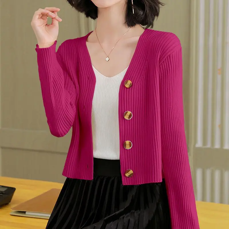 Women's Monochromatic V-Neck Long Sleeve Knitwear, Elegant Slim Tops, Casual Clothes, Office Lady, Simplicity, Autumn Fashion