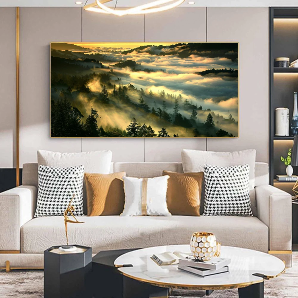 Morning Mist Over Mountain Landscape Posters, Canvas Print, Home Living Room, Bedroom Decor, Wall arts, No Frame