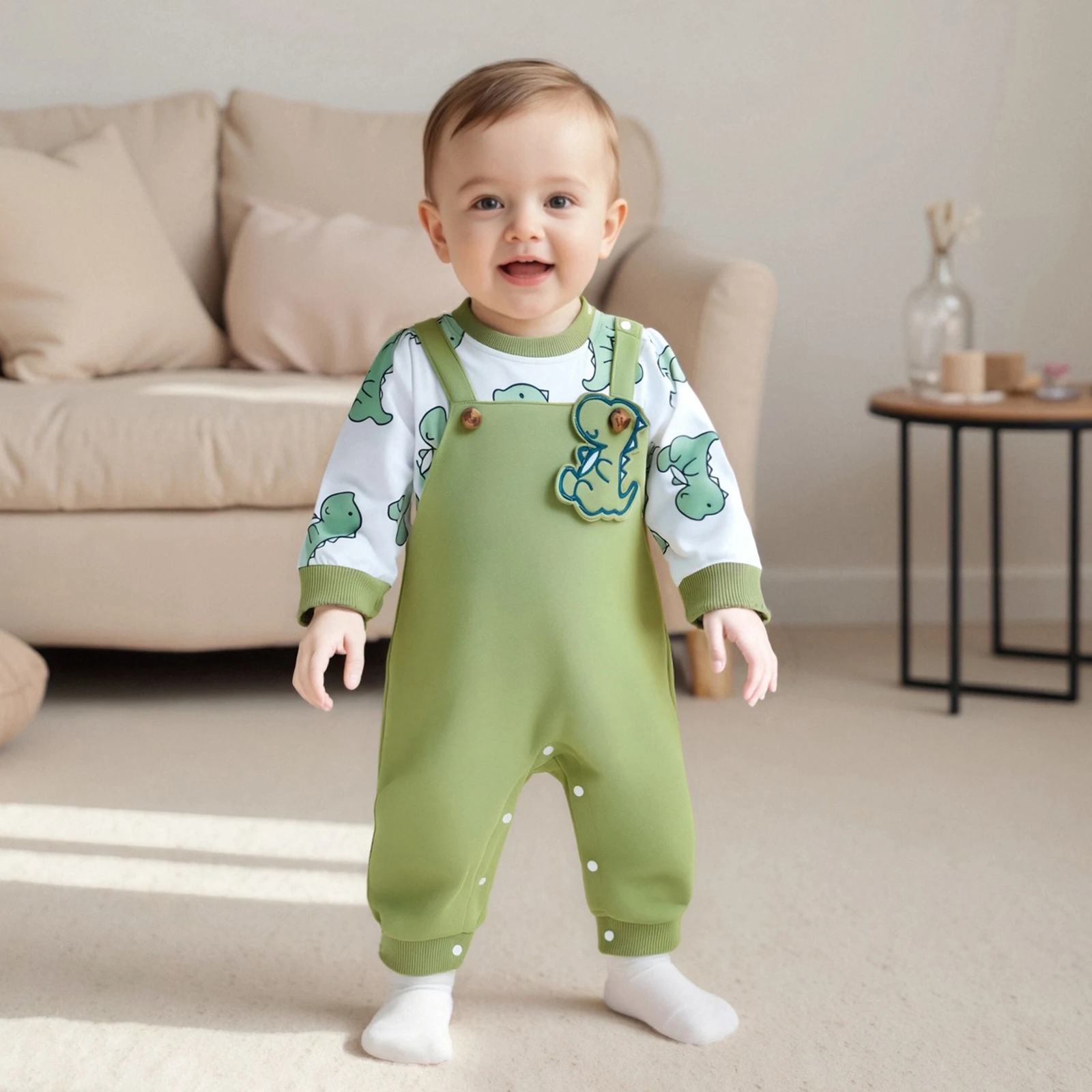 

Baby Fall Romper Loose Fit Patchwork Design Cartoon Bear Print Crew Neck Long Sleeve Jumpsuit Newborn Clothes