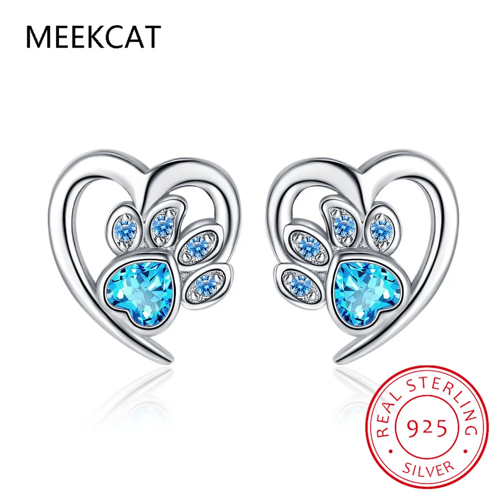 Cat Dog Pet Paw Oryginalny naturalny niebieski topaz 925 Sterling Silver Heart Footprint Stud Earring dla kobiet Biżuteria z kamieni szlachetnych