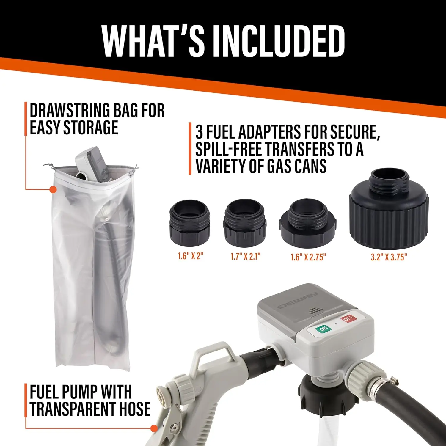 Manual Fuel Transfer Pump with 2.4GPM Flow, 51" Hose, Battery Power & Adapters for Gasoline, Diesel, Water