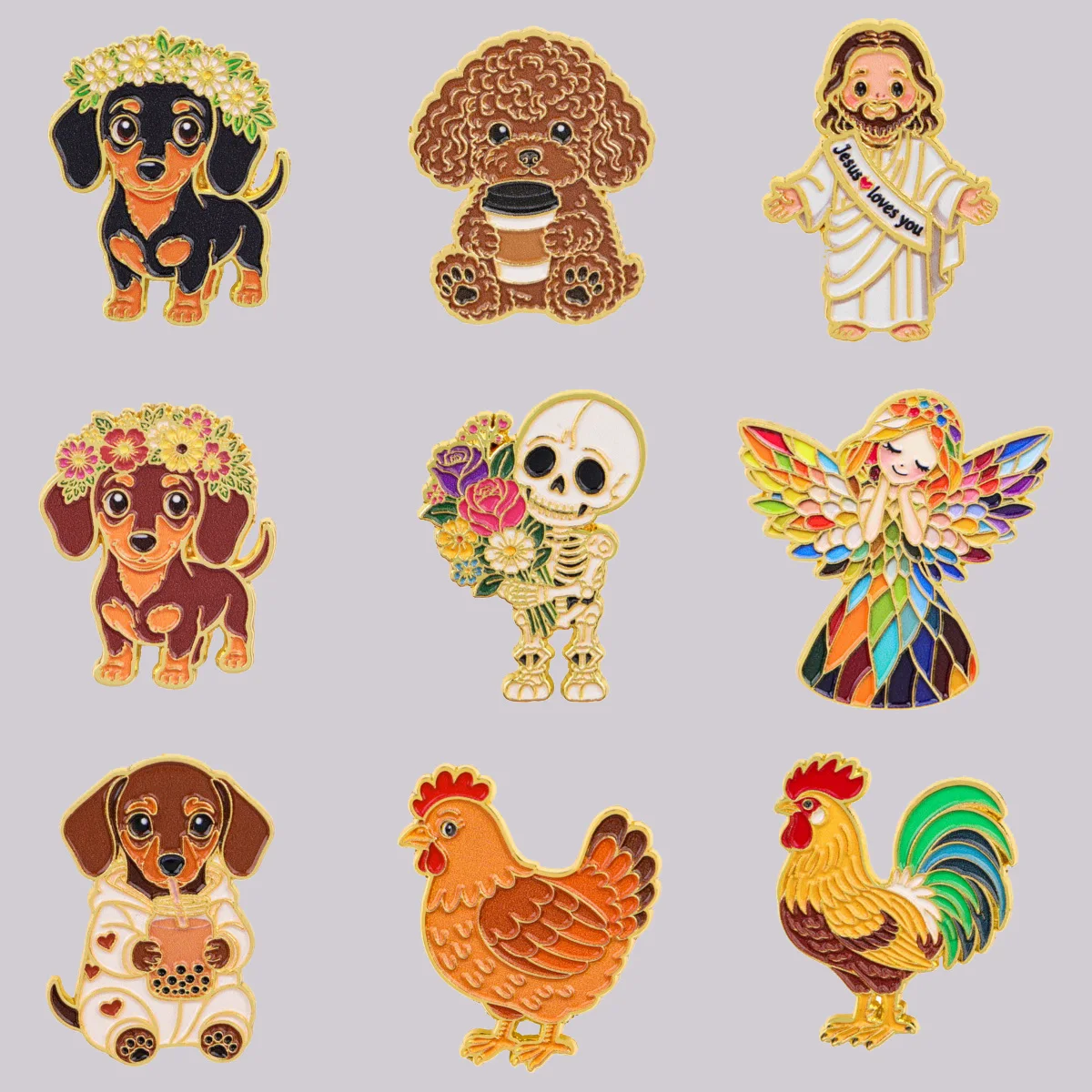 Colorful Rooster Enamel Pin Dog Brooch Lapel Pins Dachshund Badge on Backpack Clothing Accessories Funny Jewelry Friends Gifts