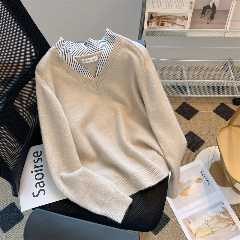 Women's Knit Pullover Sweater Harajuku Korean Patchwork Long Sleeves V-Neck Sweaters 90s Vintage Y2k 2000s Clothes 2025 Autumn