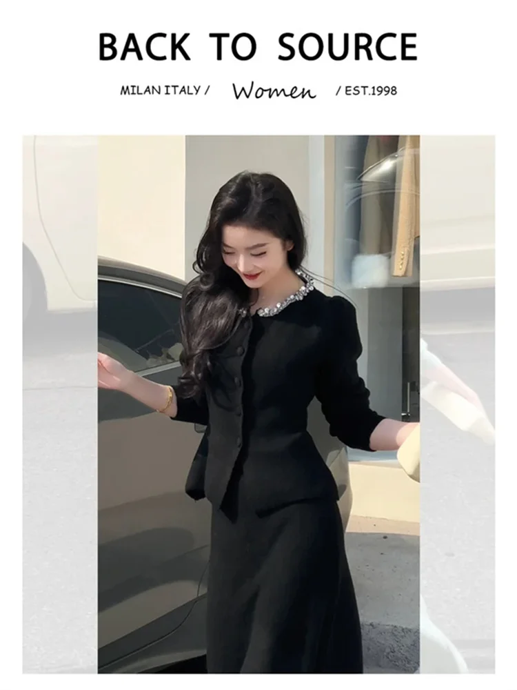 een Conjunto de punto con adornos de diamantes Faion para mujer primavera Otoño Invierno largo Sve redondo Ne abotonada ropa de trabajo informal