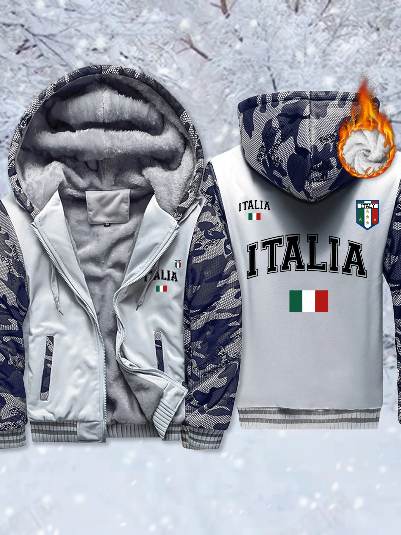 

Italia Italian Flag Pattern Male Hooded Jackets Thick Casual Hoodies Soft Warm Hoodie High Quality Outdoor Winter Streetwear