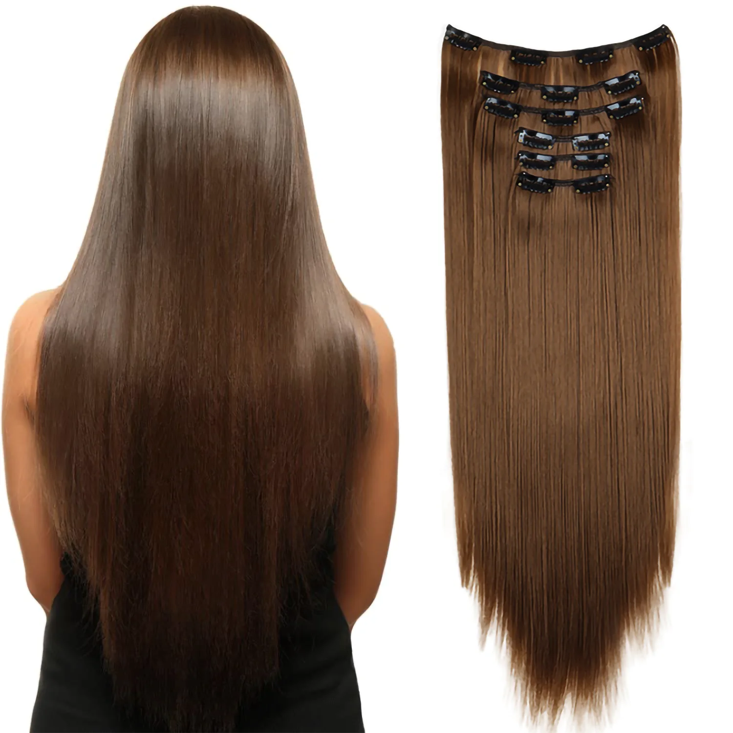 24 Zoll 16 Clips in Haarverlängerungen Lange glatte Frisur Synthetische blonde schwarze Haarteile Hitzebeständiges Kunsthaar Täglicher Gebrauch – Detail 10