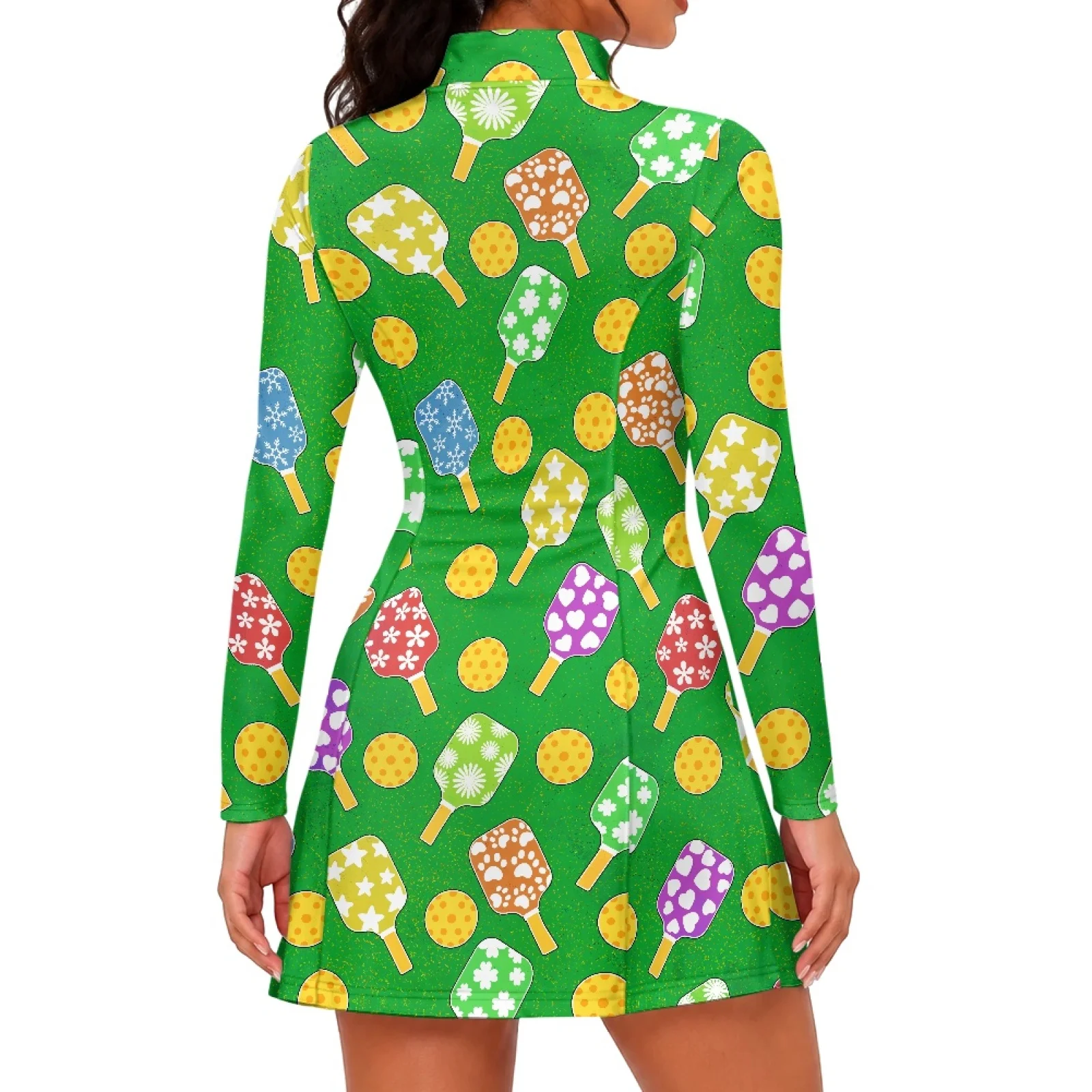 PENSTROLL Pickleball Paddle Print Tennis Dress Long Sleeve Golf Dress with Shorts 2 Pieces Long Sleeve Women's Golf Dress