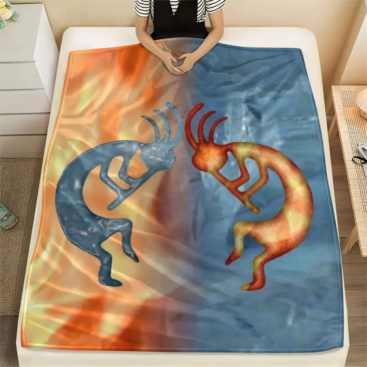 Kokopelli Native Tribal Flannel Throw Blanket Southwest Ethnic Fire Ice Abstract Art Print Soft Lightweight Blanket for Sofa Bed
