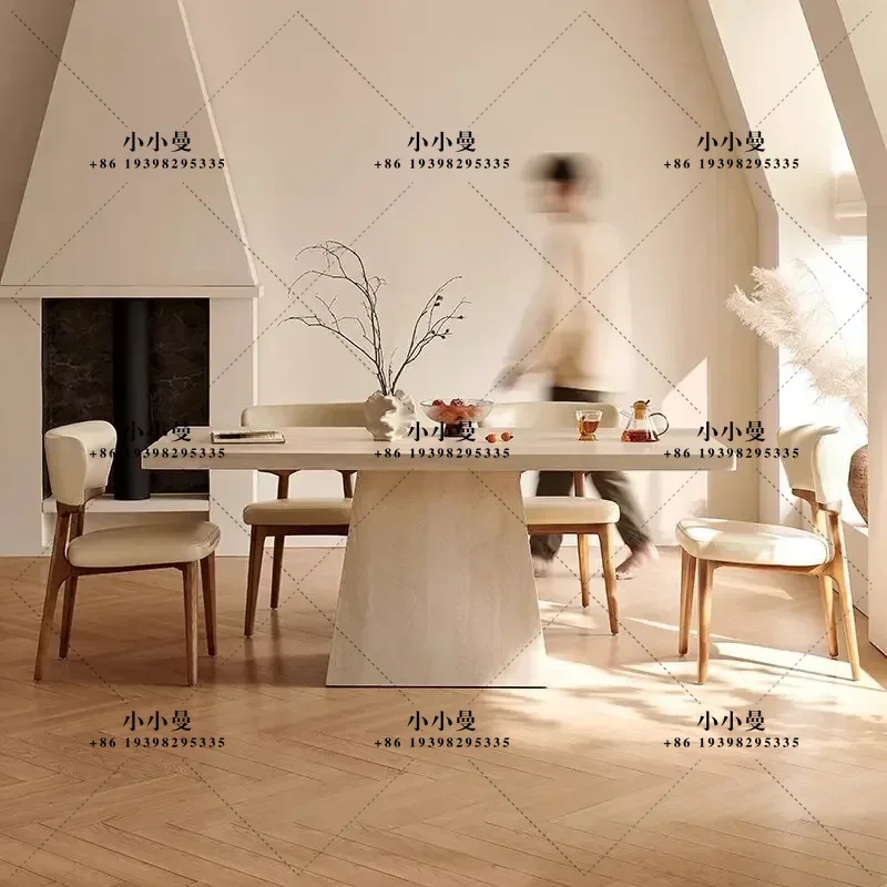 French Roman travertine rock slab modern minimalist medieval rectangular dining table