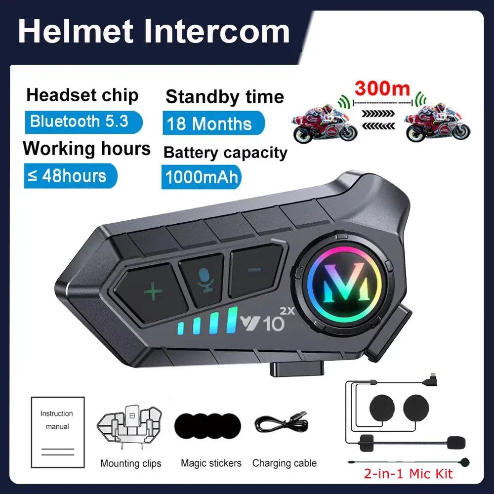 

Bluetooth 5.3 Motorcycle Helmet Intercom Headset Waterproof Noise Reduction 2 Rider Communication Music Sharing Interphone