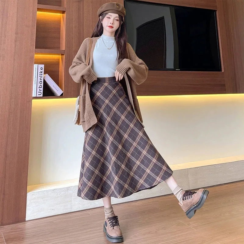 女性秋冬厚手ウールスカートヴィンテージブラウンハイウエストチェック柄スカート女性韓国ファッションストリートプリーツロングスカート