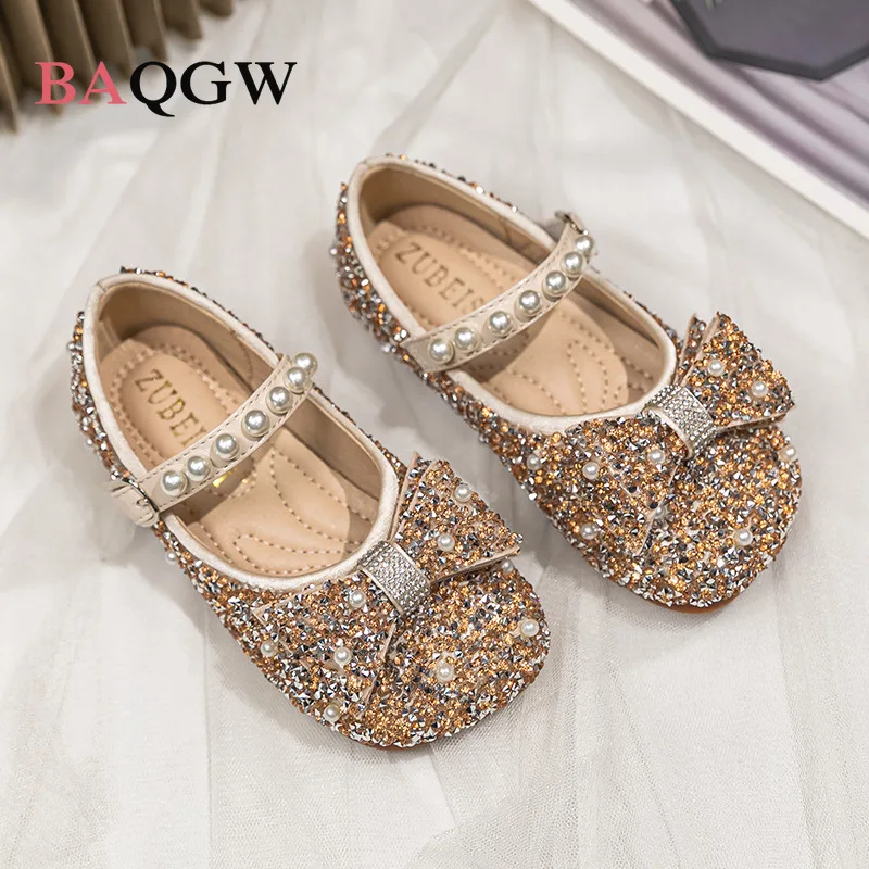 Pearl Patchwork Spring Autum Teen Girl Shoes Fashion Glitter Sequined Bow Patchwork Dancer Princess Children Cute Wedding Shoes