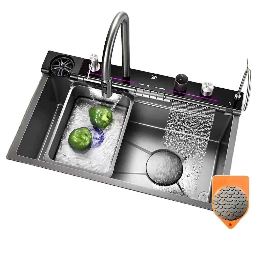 Waterfall kitchen sink set stainless steel sink household sink dish basin with pull-out faucet