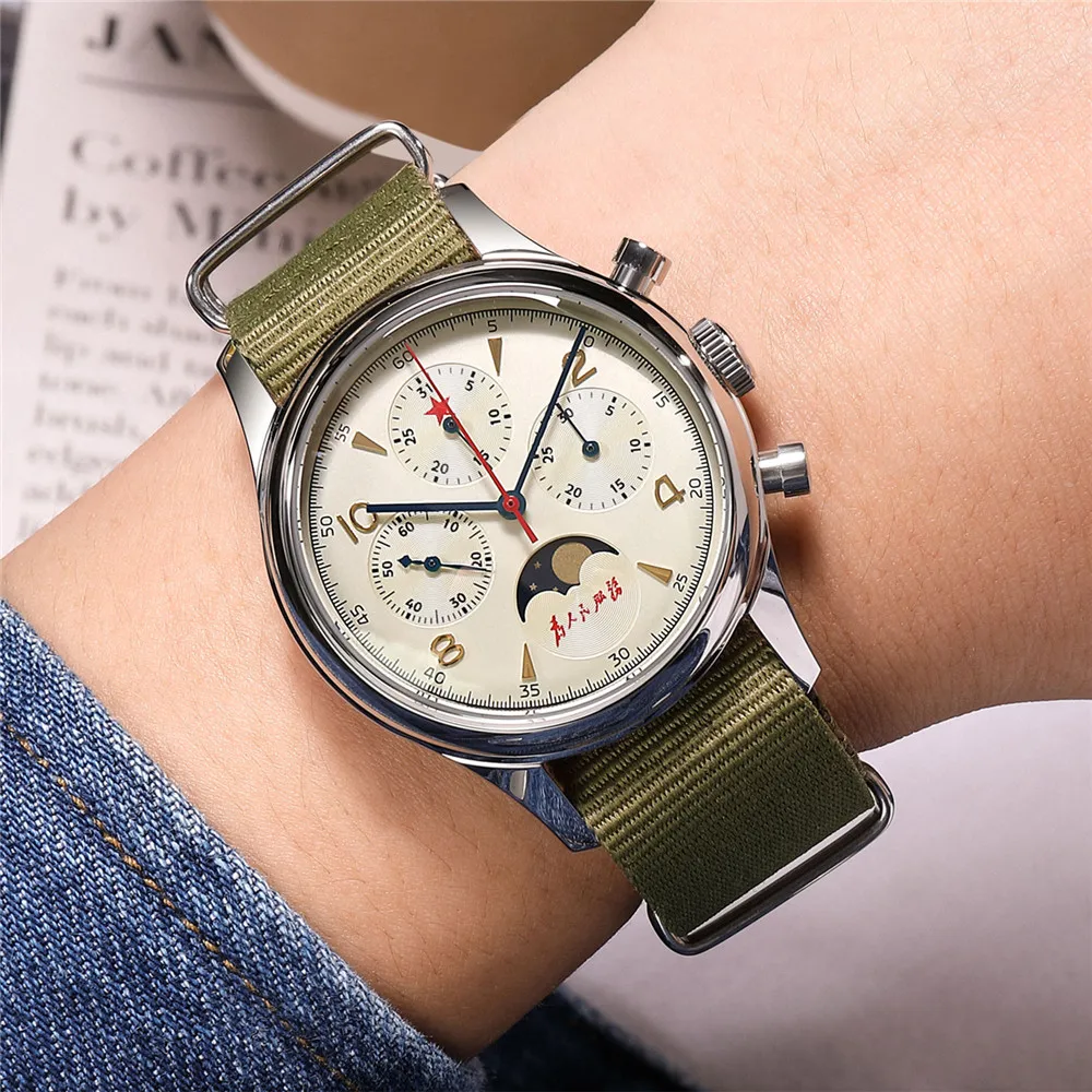 Vintage 1963 Pilot Moonphase Chronograph Men's Watch 40mm Original Seagull ST1908 Manual Wind Mechanical Wristwatch Sapphire Cry