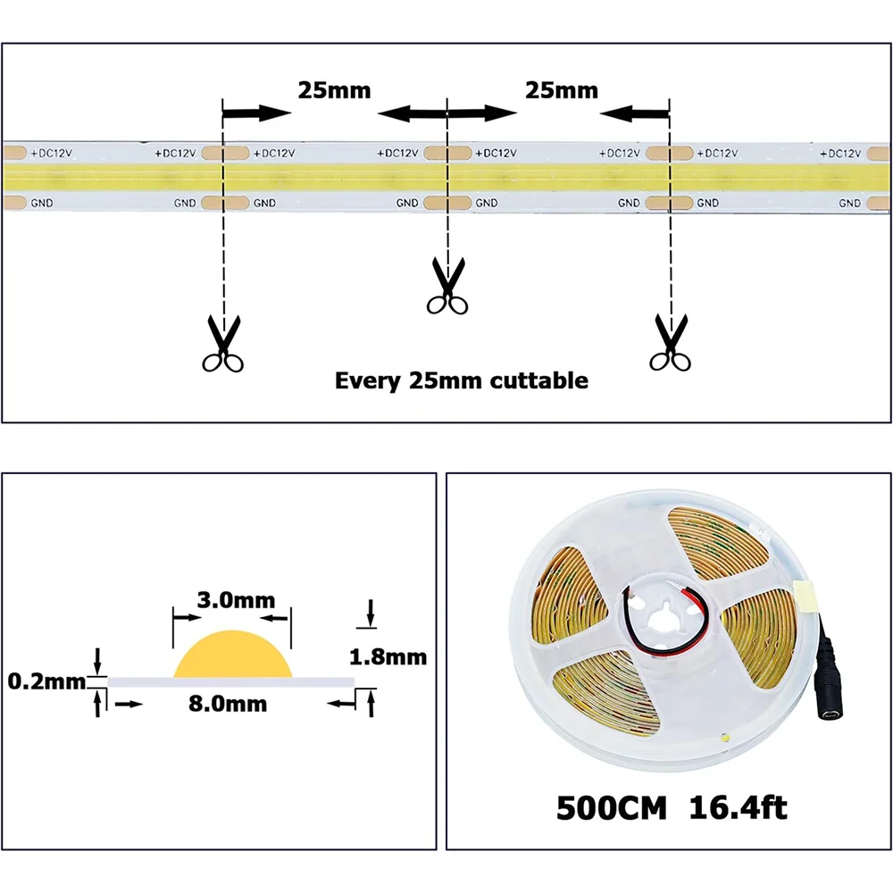 10000K Cold White COB LED Strip DC12V 24V 320leds Flexible Dimmable Linear Lighting High Density Lamp 3000K 4000K 6000K 8000K 5m