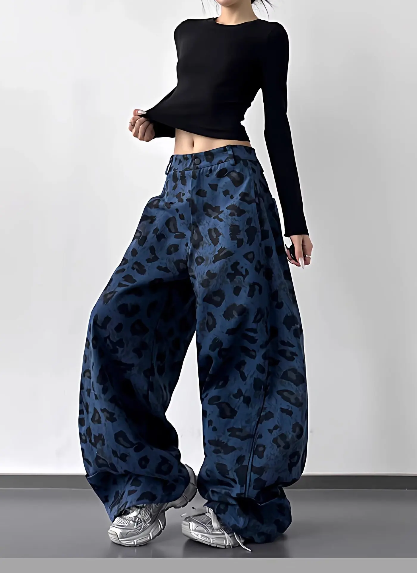 B Autumn Women Blue Leopard Y2k Baggy Jeans Vintage Wide Leg Denim Trousers Aesthetic 2000s Style Oversize Boyfriend Jeans Pants