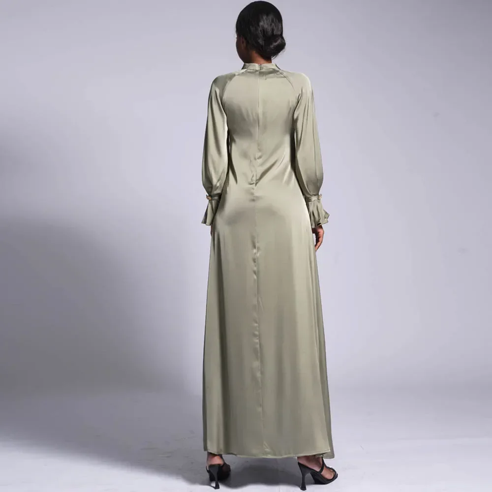 Elegance Temperament Muslim Abaya Fashion Satin Muslim Dress Dubai Full Length Long Sleeve Dress for Women Dubai Turkey Islam
