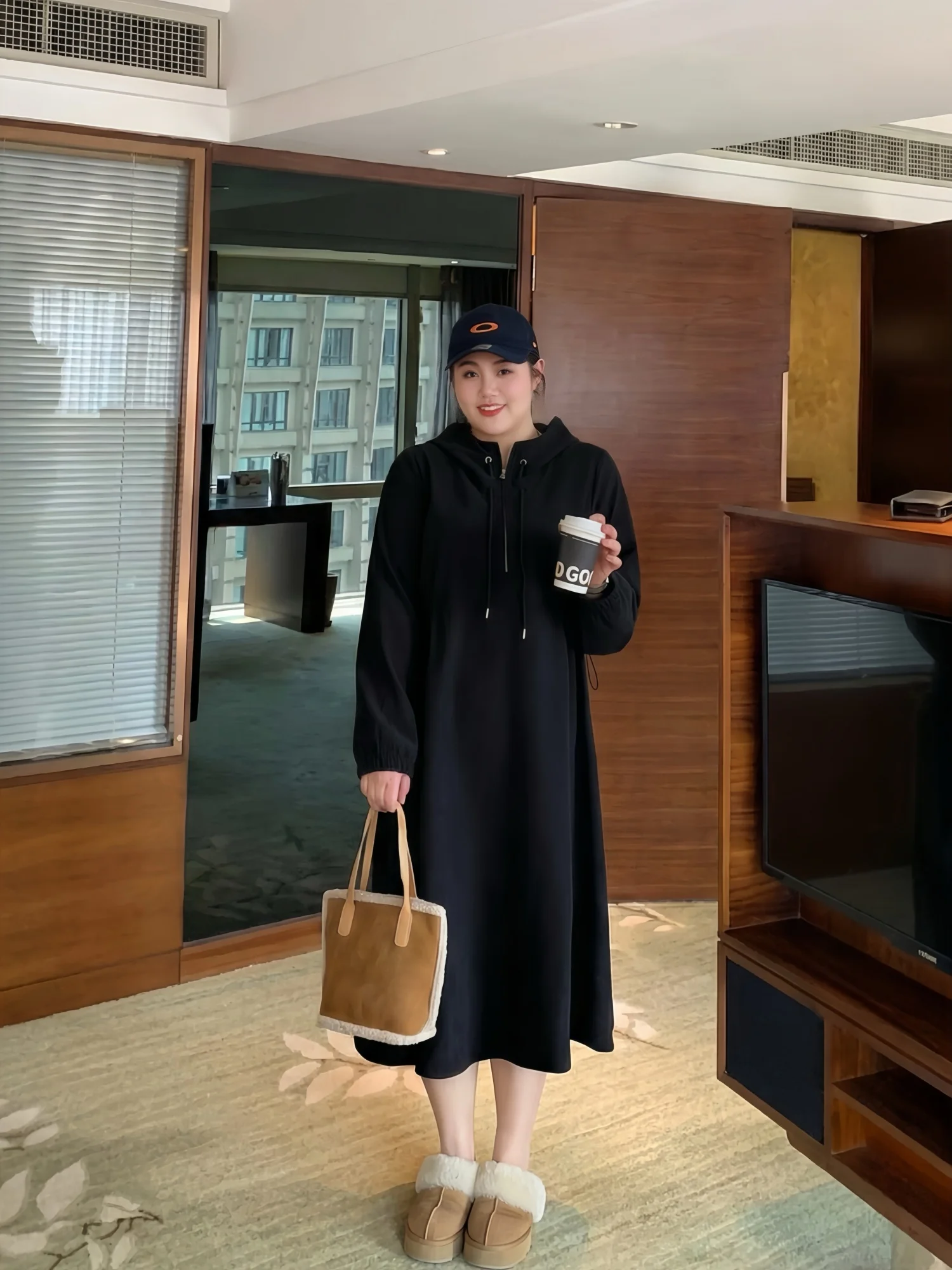 

plus Size Winter Long Dress with Hoodie Waist Cinching Slimming Base Layer Elastic Sleeve Design A-Line Polyester Fiber