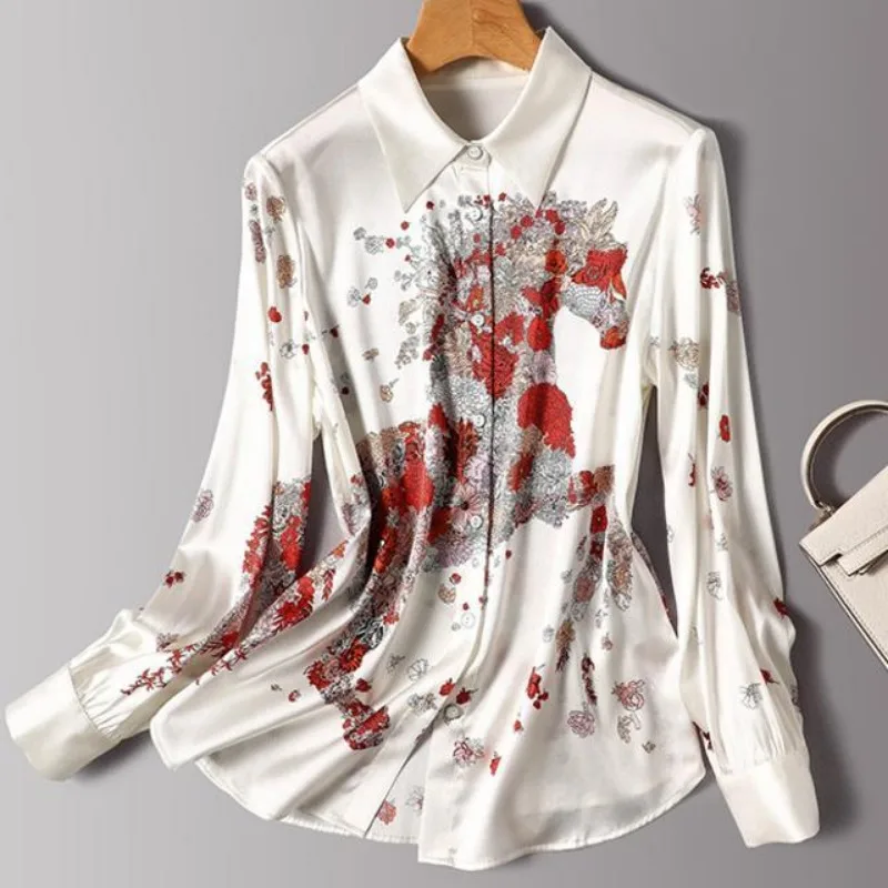 

2025 Women's New Stitched POLO Collar Button Print Fashion Loose Versatile Casual Long Sleeve Shirt