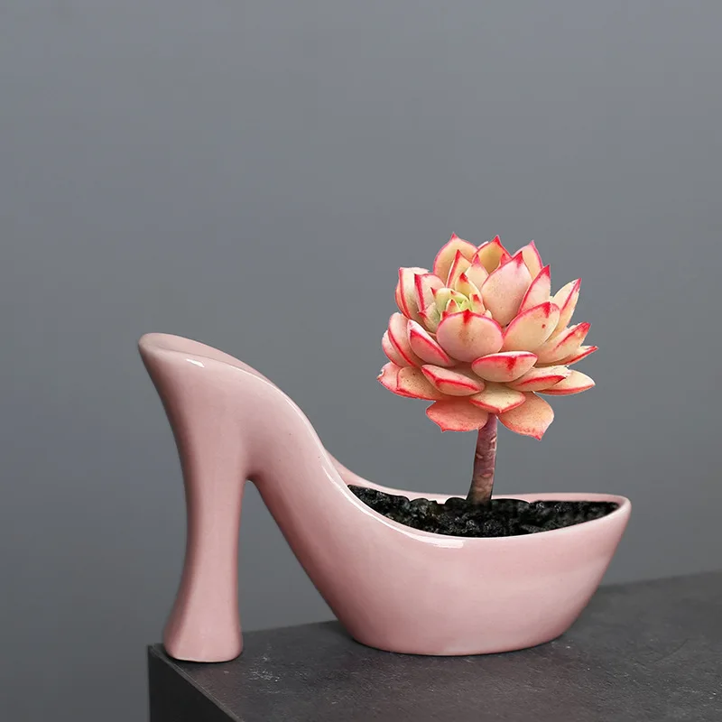 High Heeled Shoes Flower Pot with Drainage Hole Ceramic Vase Succulent Cactus Planting Planter Flowerpot Home Garden Decor