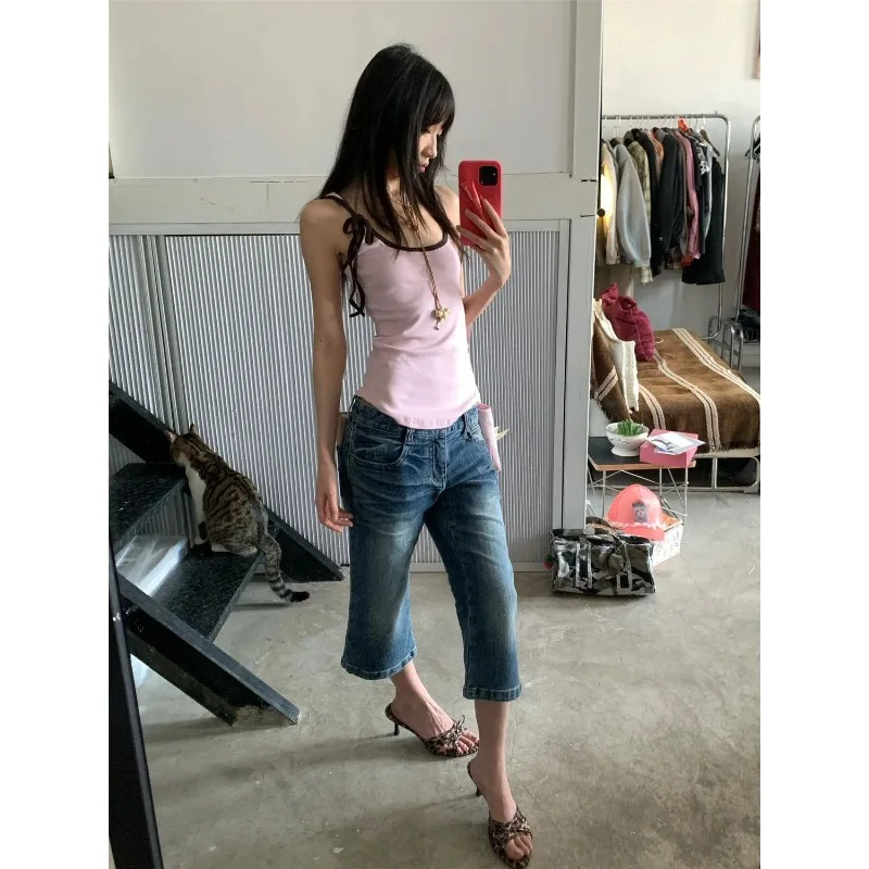 American Retro Blue Low-rise Spice Girl Seven-point Micro-pull Jeans Women's Summer Loose and Thin Design Casual Pants