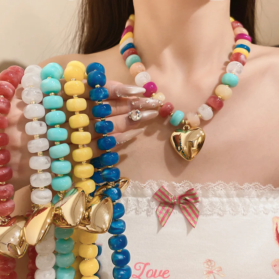 Multi-color Irregular Smudging Oval Acrylic Bead Choker Necklaces Large Smooth Cubic Heart Pendant Necklace Charms Jewelry New M