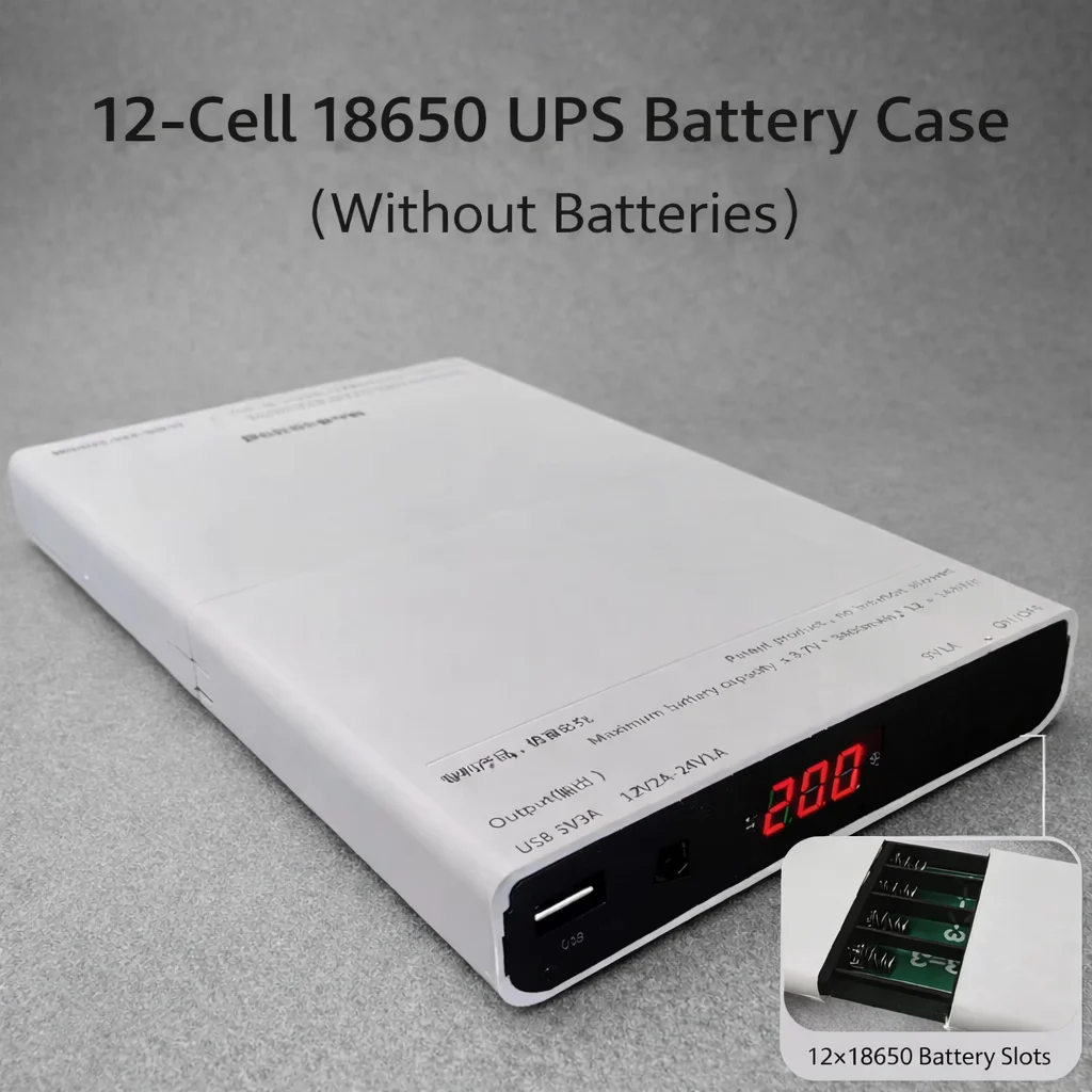 12-Slot 18650 UPS Battery Box, DC 9V 12V 24V Output Power Case for DIY Backup & Surveillance, No Batteries
