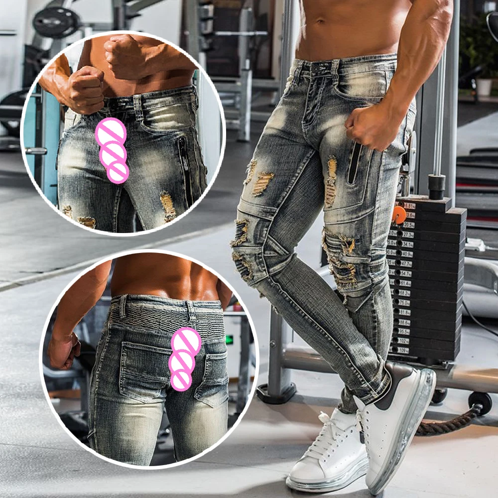 

Personalized Beggar Ripped Jeans Men's Invisible Open Crotch Outdoor Sex Trend Zipper Splicing Slim Denim Pants Streetwear