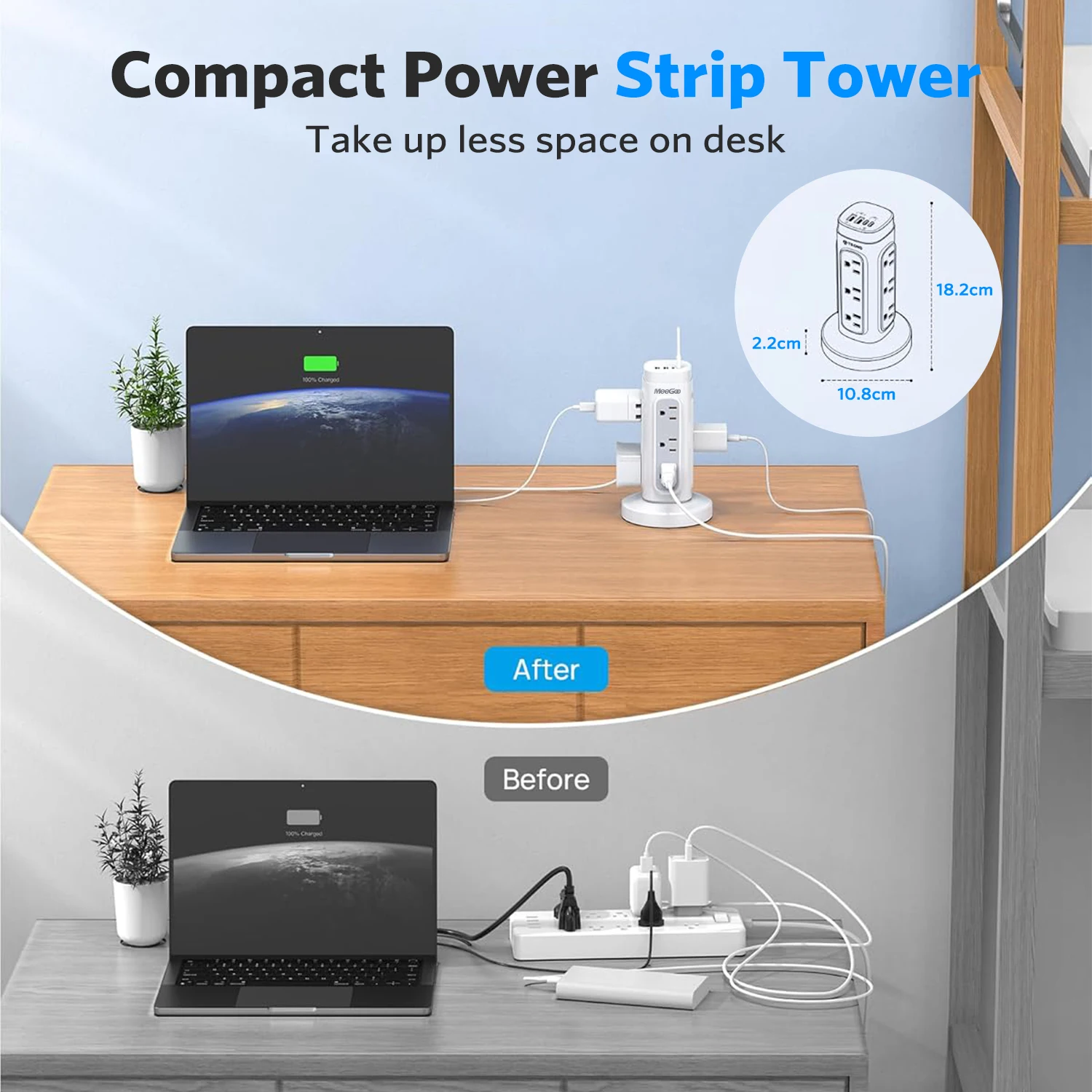 MeeGoo 16-in-1 Vertical Power Strip, 12AC+2USB+2PD, 3250W, 20W Fast Charging, Retractable 1.5M Cord, US Plug White